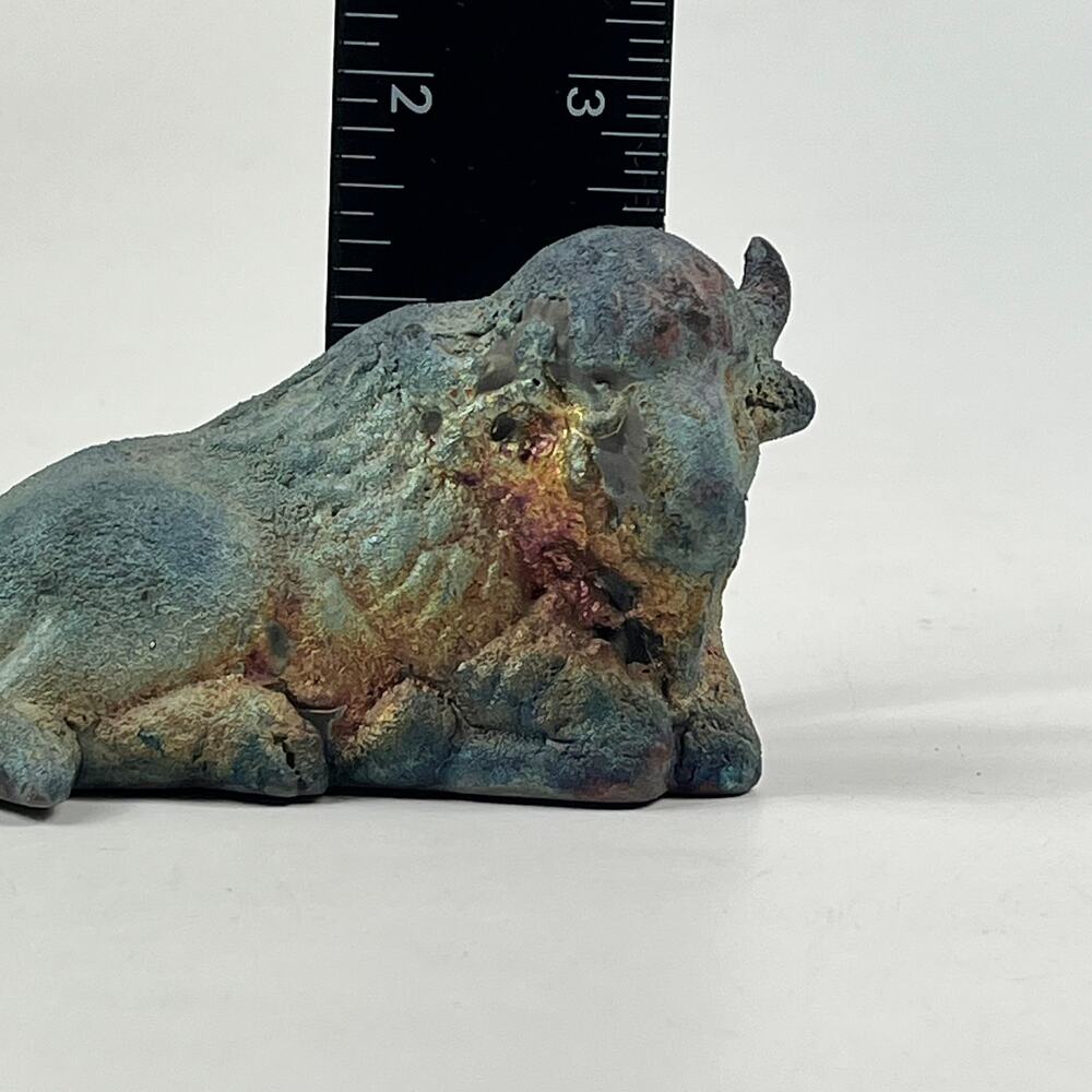 Raku Fired Bull Figurine Primitive Studio Pottery Ox Sculpture Handmade Art 4" - Picture 9 of 12
